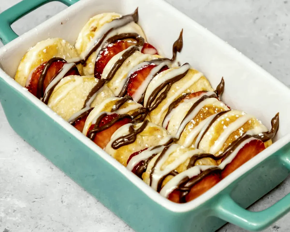 Mini Dutch pancakes layered with strawberry slices and drizzled with milk and white chocolate in a teal baking dish